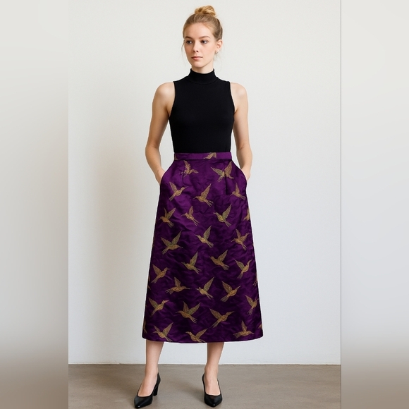 Vintage 90s April Cornell Satin Butterfly Asian Style Maxi Skirt Size XS Purple - Picture 6 of 6